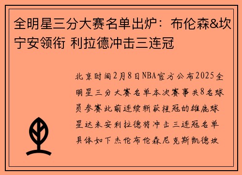 全明星三分大赛名单出炉：布伦森&坎宁安领衔 利拉德冲击三连冠